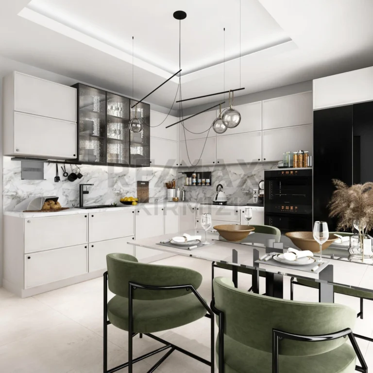 Yüksek tavanlı ve geniş kullanım alanına sahip, aydınlık ve ferah modern daire iç görünümü